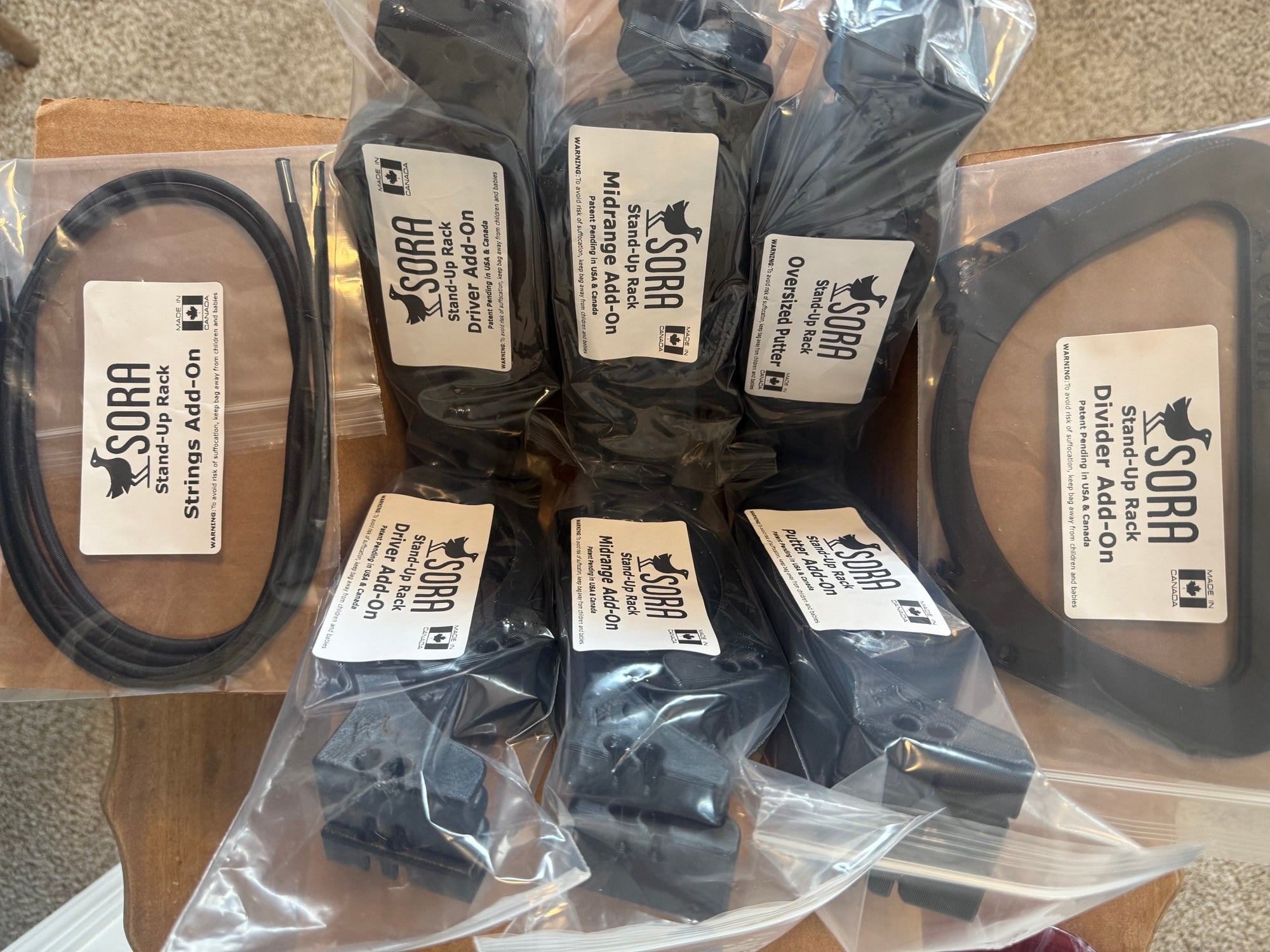 Retailer Starter Pack, Add On modules for the Sora Stand-Up Rack. Full set UP! Driver, Mids, Putters, End Pieces, Bundgee Ropes.